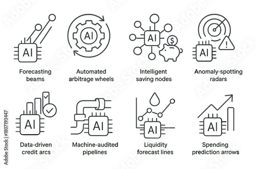 Ai enhanced financial systems icons for forecasting, automation, and efficiency