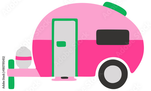 A cheerful pink and green retro camper trailer with a simple, flat design. Perfect for travel, adventure, and outdoor themes.