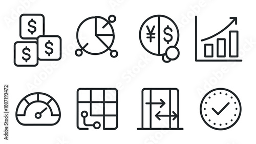Business and finance icons with dollar, growth, and speedometer symbols