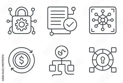 Blockchain icon set: security, network, document, currency, lock symbols