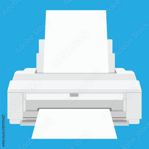 Vector illustration realistic printer, isolated on blue background. Printer icon