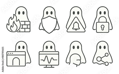 Ghost icons representing cybersecurity concepts with firewalls and passwords