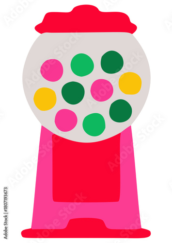 Vibrant flat-style illustration of a retro gumball machine, full of colorful candies.