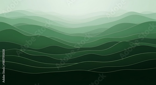 深緑色グラデーションの穏やかな波状背景 柔らかい光が奥深くまで浸透する風景