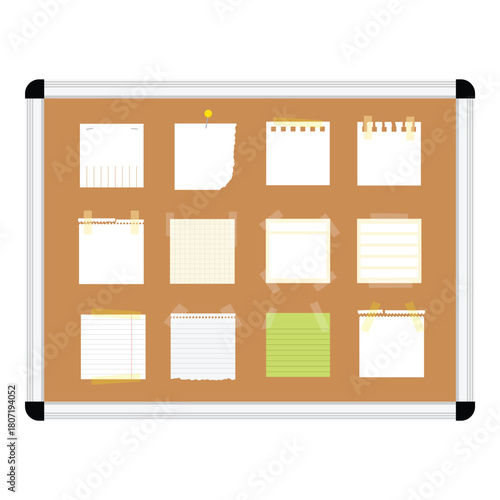 Blank paper notes, sticky memos, notepad sheets pinned to cork bulletin board with plastic frame