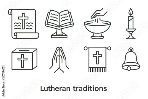 Lutheran traditions symbols: scroll, bible, baptism, communion, almsgiving, prayer, worship