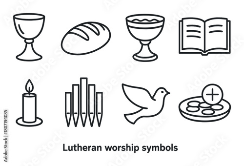 Lutheran worship symbols: chalice, bread, baptismal font, bible, candle, organ, dove, communion