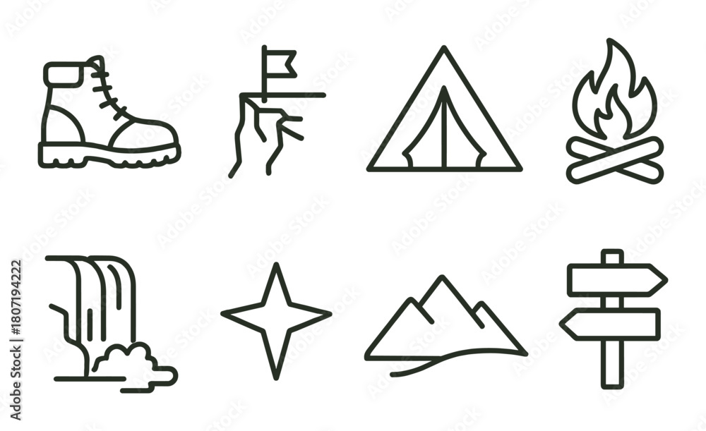 Fototapeta premium Camping icons: boot, flag, tent, campfire, waterfall, star, mountains, signpost