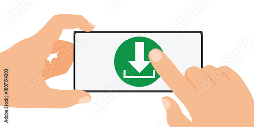 Hands holding smartphone with download symbol on display