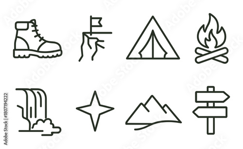 Camping icons: boot, flag, tent, campfire, waterfall, star, mountains, signpost