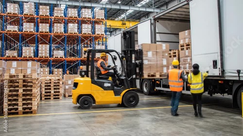 Warehouse workers expertly loading a delivery truck with a forklift, ensuring efficient logistics and supply chain management in a bustling distribution center
