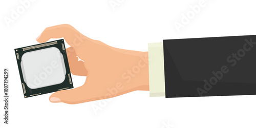 Businessman holding microprocessor chip CPU in hand, isolated on white background