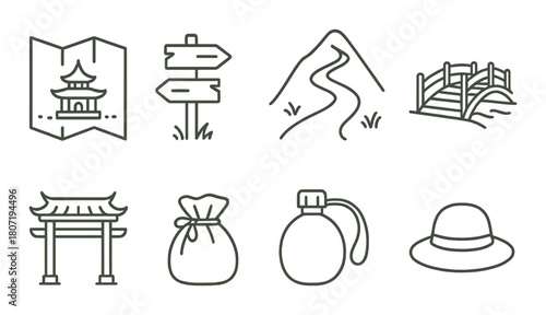 Minimalist travel icons featuring asian architecture and nature elements