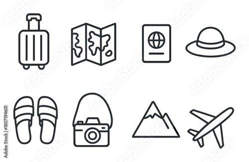 Travel icons: suitcase, map, passport, hat, sandals, camera, mountain, airplane