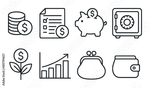Financial icons: money, document, piggy bank, safe, growth graph