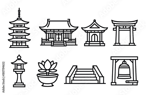 Minimalist outline of asian religious architecture and symbols on dark background