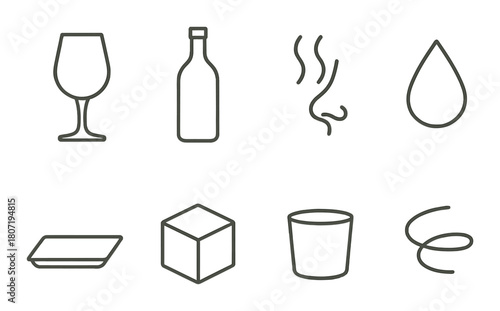 Minimalistic wine tasting icons: glass, bottle, aroma, drop, plate, cube, cup, swirl