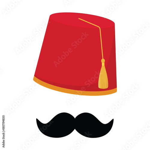 Red Turkish hat fez and black mustache, isolated on white background. Turkish symbol. Cartoon character