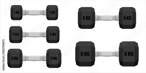 Various weight set for strength training or body building at the gym. Dumbbell hexagon shape collection