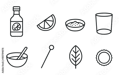 Monochrome cocktail icons highlighting ingredients and utensils