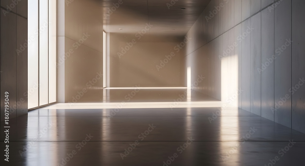 Fototapeta premium 輝く光通過点でのミニマリスト建築は未来へ導くような穏やかな雰囲気で満たされる