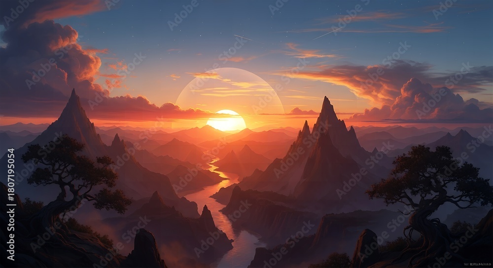 Fototapeta premium Fantasy landscape with mountains and a huge sun setting