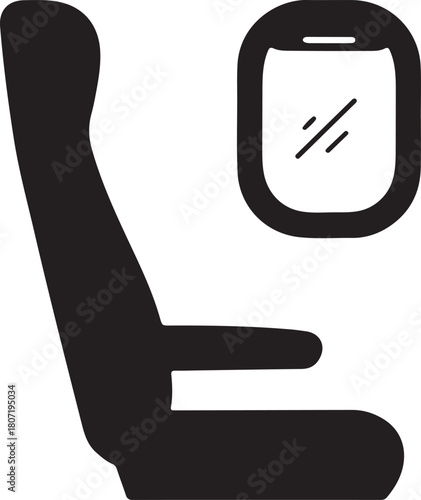 Airplane seat and aircraft window silhouette icon representing air travel, passenger journey, and aviation transportation graphic design.