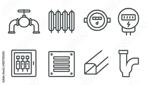 Industrial utility icons: plumbing, heating, metering, electrical, ventilation, hvac systems