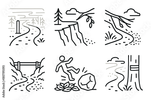 Minimalist outdoor adventure icons: path, cliff, trail, bridge, rockfall, tree