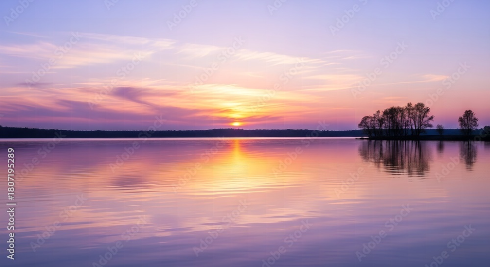 Fototapeta premium Beautiful sunset over the lake with trees on the horizon