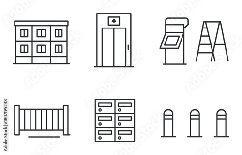 Set of building facility icons: elevator, mailboxes, fence, kiosk, ladder, bollards