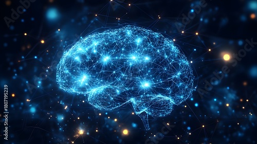 A dynamic, glowing blue wireframe model of the human brain surrounded by abstract neural connections and bright bokeh lights, representing AI, technology, or thinking.
