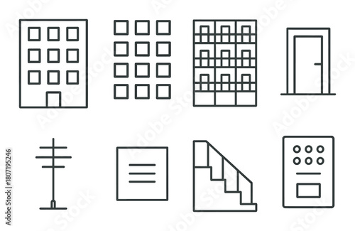Minimalist urban icons: building, door, staircase, communication, intercom