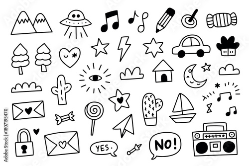 A collection of hand-drawn doodles includes a UFO, musical notes, mountains, a car, a sailboat, and various other whimsical icons.