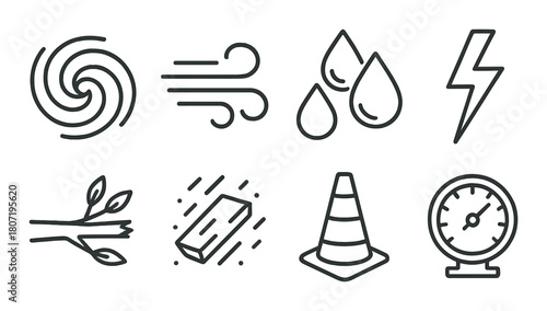 Weather and construction symbols: hurricane, wind, rain, lightning, and more icons