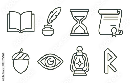 Vintage icons: book, feather, hourglass, scroll, acorn, eye, lantern, nordic rune
