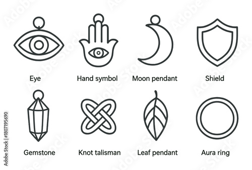 Mystical symbol set: eye, hand symbol, moon pendant, shield, gemstone, knot, leaf, aura ring