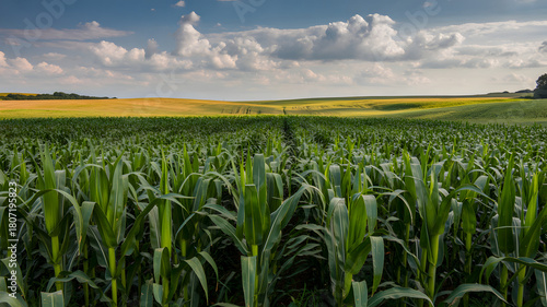 Fototapeta Naklejka Na Ścianę i Meble -  Green corn field under bright summer sky in rural farmland
