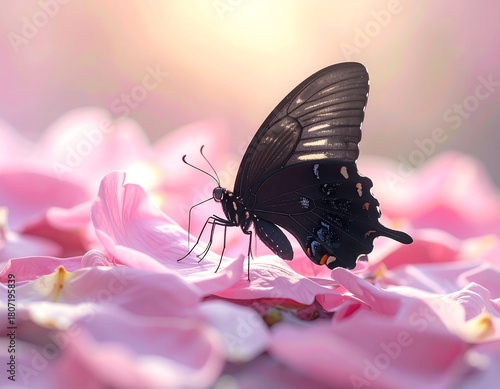 Elegant black butterfly gracefully resting on a bed of soft pink rose petals