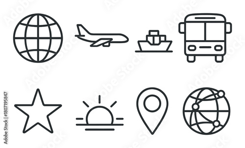 Travel icons: airplane, globe, bus, ship, star, sunrise location, network