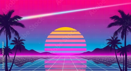 Fototapeta Naklejka Na Ścianę i Meble -  Retro futuristic landscape with palm trees and sunset
