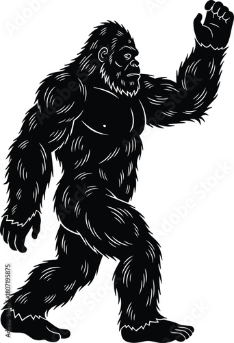 Bigfoot walking silhouette, waving Sasquatch vector illustration, black and white yeti design, cryptozoology monster graphic, wild ape man sketch