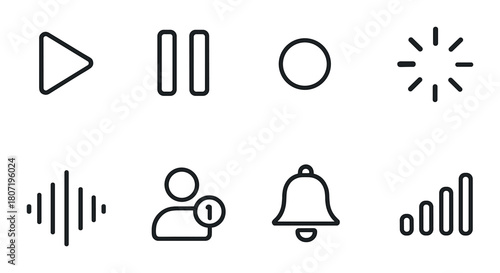 Set of minimalist media control and notification icons on dark background
