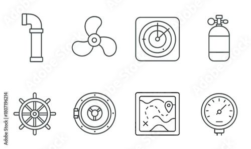 Nautical icons set: pipe, propeller, radar, oxygen, helm, engine, map, gauge