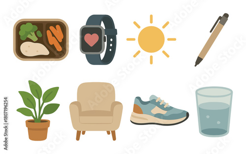 Healthy lifestyle icons - meal, smartwatch, sun, pen, plant, chair, sneaker, water