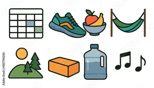 Collection of simplified icons: shoes, fruit bowl, hammock, music notes, water jug
