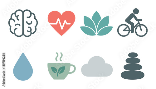 Health and wellness symbols featuring heart, brain, exercise, nature, and meditation icons