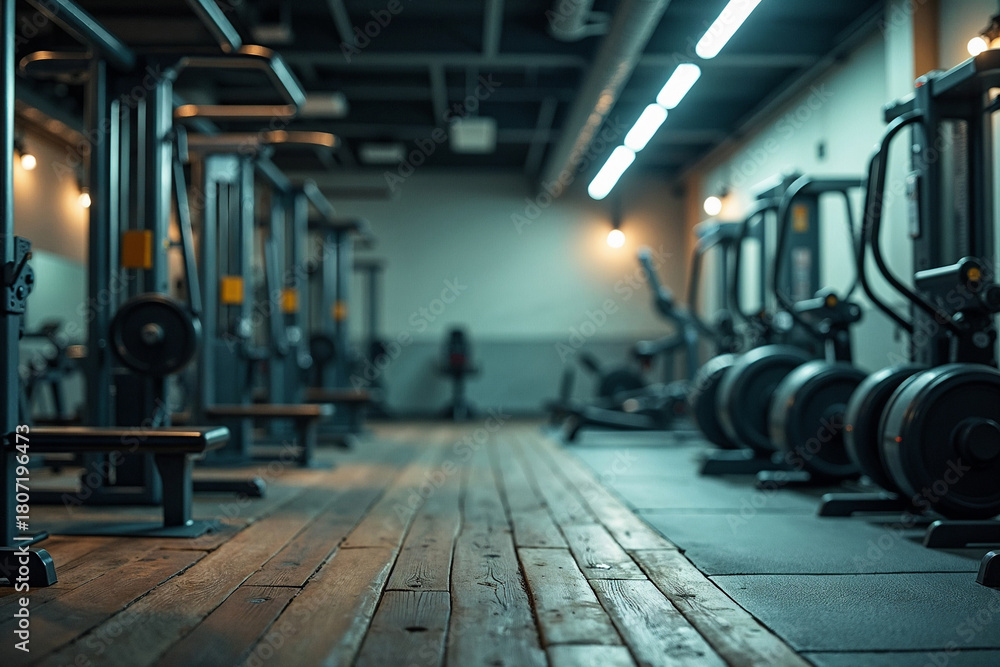 Obraz premium Modern Gym Interior: Empty Fitness Center with Weight Machines and Wooden Floor