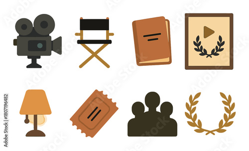 Film industry icons: director's chair, camera, tickets, awards, audience silhouettes