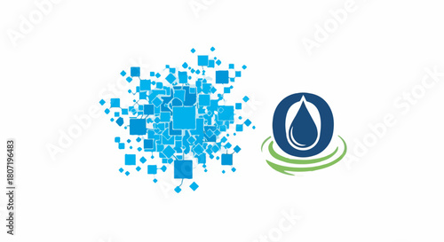 Abstract blue digital technology squares burst and clean water drop logo vector graphic